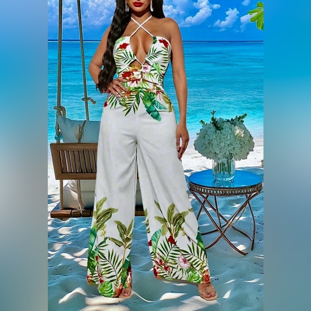 Bohemian Tropical Floral Print Cut-Out Backless Halter Wide Leg Jumpsuit Pants